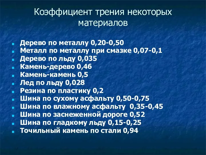 Коэффициент трения некоторых материалов Дерево по металлу 0,20-0,50 Металл по