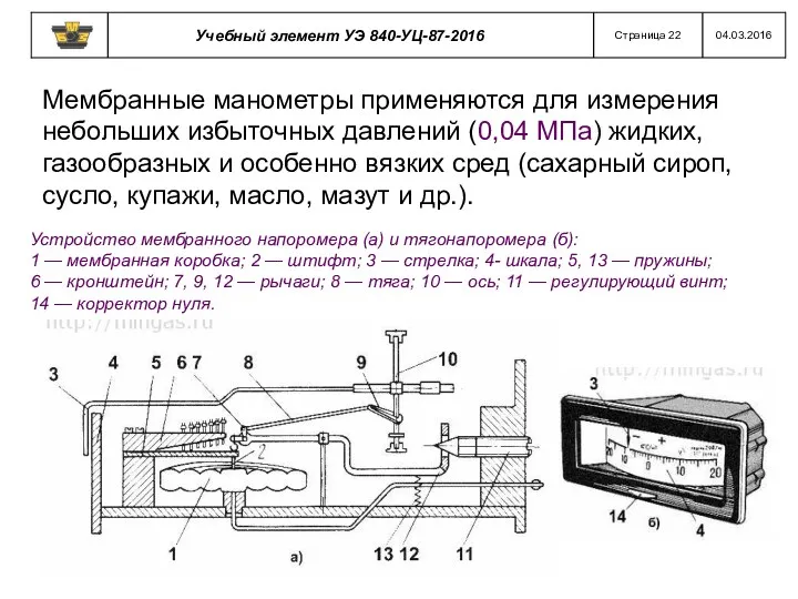 Мембранные манометры применяются для измерения небольших избыточных давлений (0,04 МПа) жидких, газообразных и