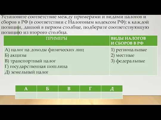 Установите соответствие между примерами и видами налогов и сборов в