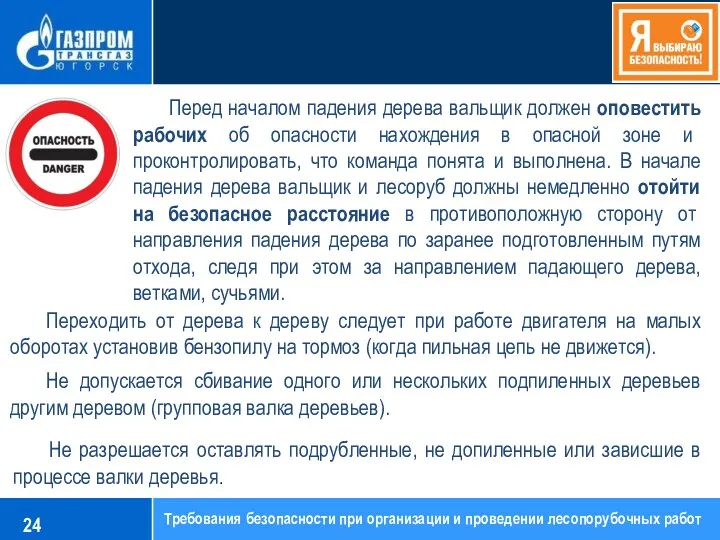 Перед началом падения дерева вальщик должен оповестить рабочих об опасности