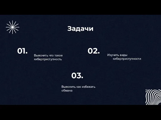 01. 03. 02. Выяснить что такое киберприступность Выяснить как избежать обмана Изучить виды киберприступности Задачи