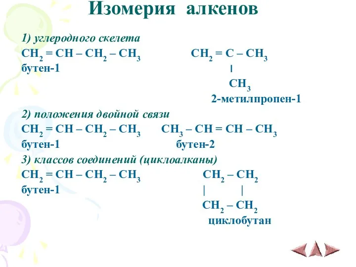 Изомерия алкенов 1) углеродного скелета CH2 = CH – CH2
