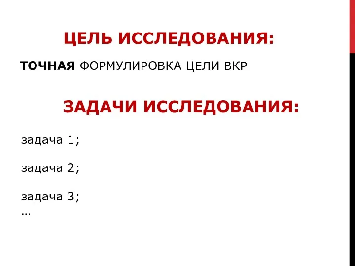 ТОЧНАЯ ФОРМУЛИРОВКА ЦЕЛИ ВКР задача 1; задача 2; задача 3; … ЦЕЛЬ ИССЛЕДОВАНИЯ: ЗАДАЧИ ИССЛЕДОВАНИЯ: