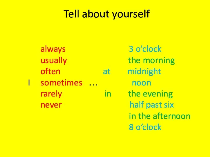 Tell about yourself always 3 o’clock usually the morning often