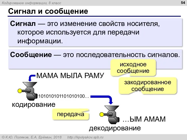 Сигнал и сообщение Сигнал — это изменение свойств носителя, которое используется для передачи