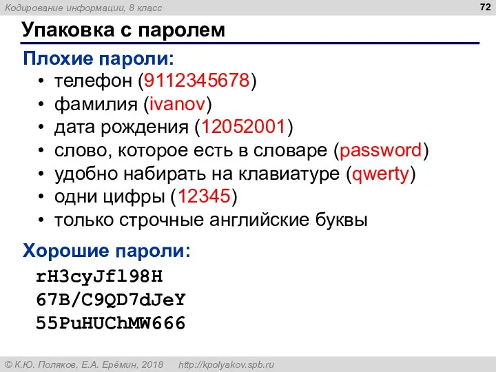 Упаковка с паролем Плохие пароли: телефон (9112345678) фамилия (ivanov) дата рождения (12052001) слово,