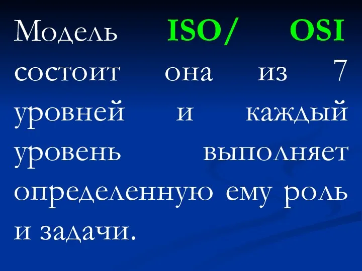 Модель ISO/ OSI состоит она из 7 уровней и каждый