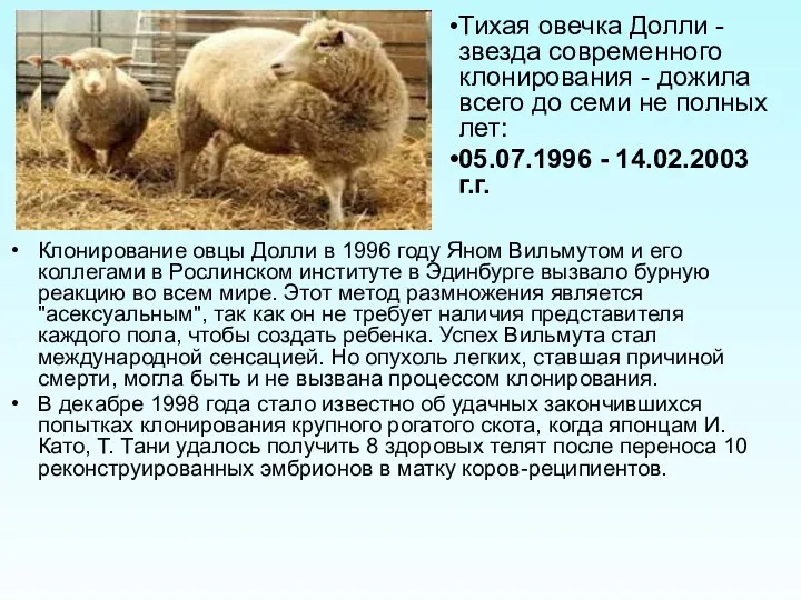 Клонирование овцы Долли в 1996 году Яном Вильмутом и его