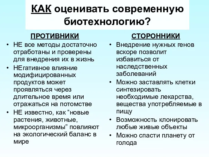 КАК оценивать современную биотехнологию? СТОРОННИКИ Внедрение нужных генов вскоре позволит