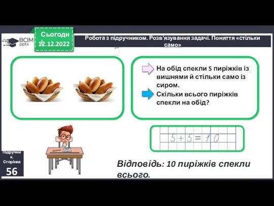 12.12.2022 Сьогодні Підручник. Сторінка 56 На обід спекли 5 пиріжків