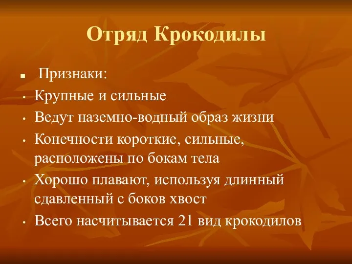 Отряд Крокодилы Признаки: Крупные и сильные Ведут наземно-водный образ жизни