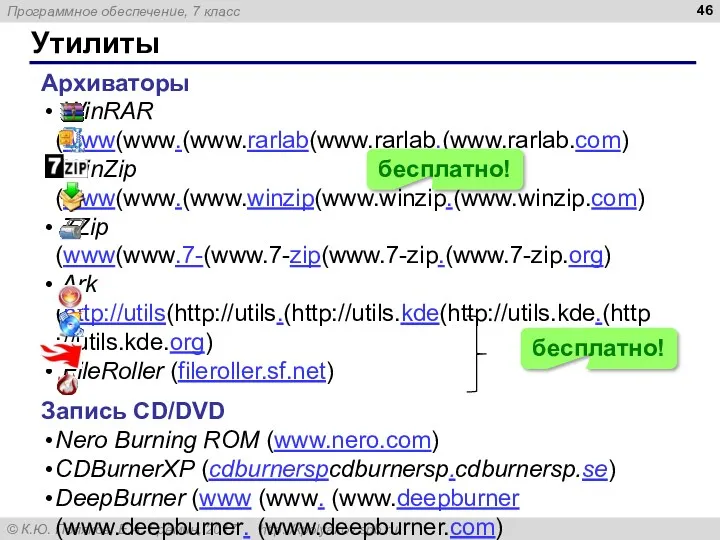 Утилиты Архиваторы WinRAR (www(www.(www.rarlab(www.rarlab.(www.rarlab.com) WinZip (www(www.(www.winzip(www.winzip.(www.winzip.com) 7Zip (www(www.7-(www.7-zip(www.7-zip.(www.7-zip.org) Ark (http://utils(http://utils.(http://utils.kde(http://utils.kde.(http://utils.kde.org) FileRoller (fileroller.sf.net) Запись