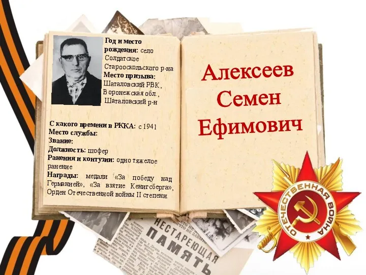 Алексеев Семен Ефимович С какого времени в РККА: с 1941 Место службы: Звание: