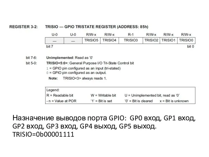 Назначение выводов порта GPIO: GP0 вход, GP1 вход, GP2 вход,