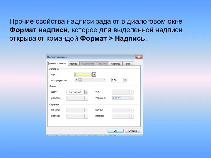 Прочие свойства надписи задают в диалоговом окне Формат надписи, которое для выделенной надписи