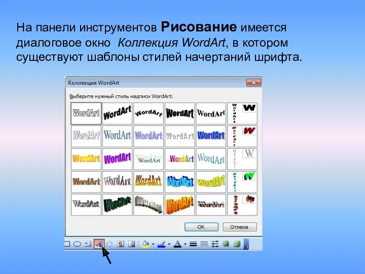 На панели инструментов Рисование имеется диалоговое окно Коллекция WordArt, в котором существуют шаблоны стилей начертаний шрифта.