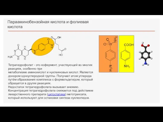 Парааминобензойная кислота и фолиевая кислота Тетрагидрофолат - это кофермент, участвующий во многих реакциях,