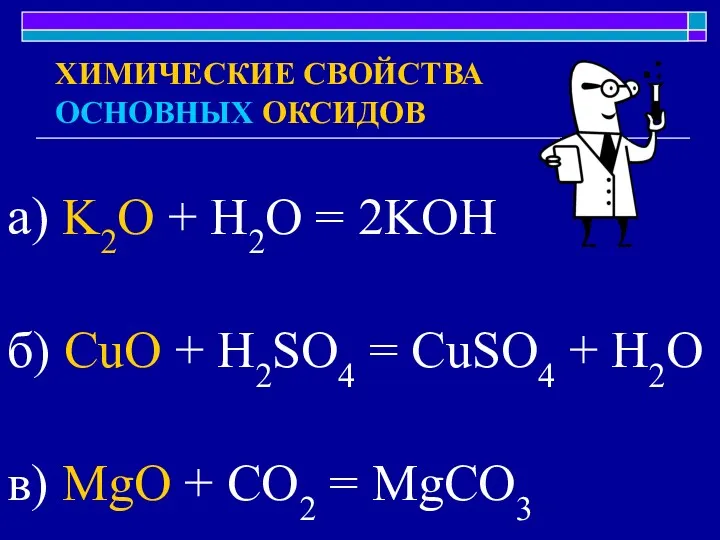 а) K2O + H2O = 2KOH б) CuO + H2SO4