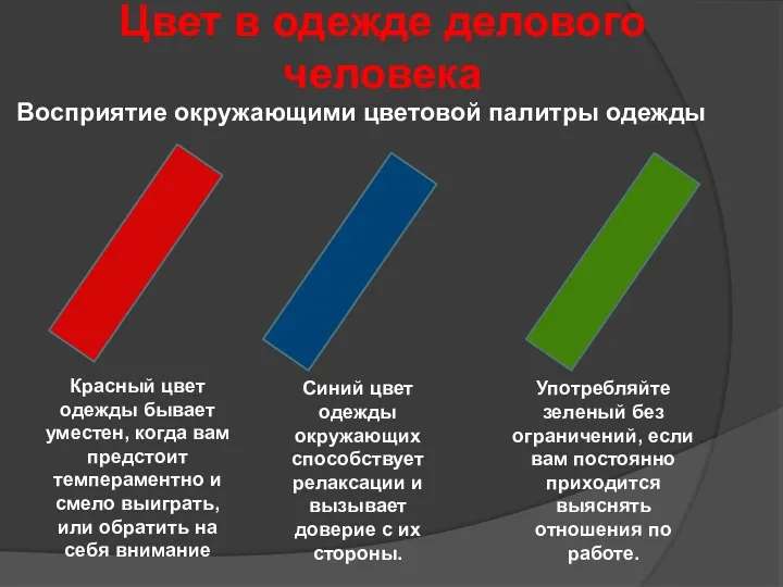 Восприятие окружающими цветовой палитры одежды Красный цвет одежды бывает уместен,