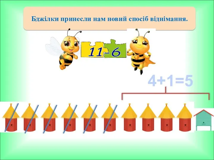 Бджілки принесли нам новий спосіб віднімання. 11-6 4+1=5