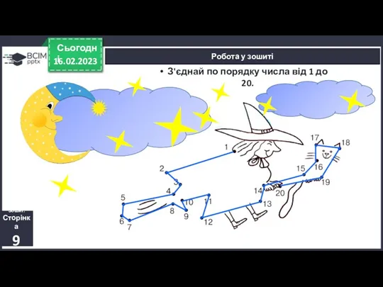 16.02.2023 Сьогодні Робота у зошиті Зошит. Сторінка 9 З'єднай по порядку числа від 1 до 20.