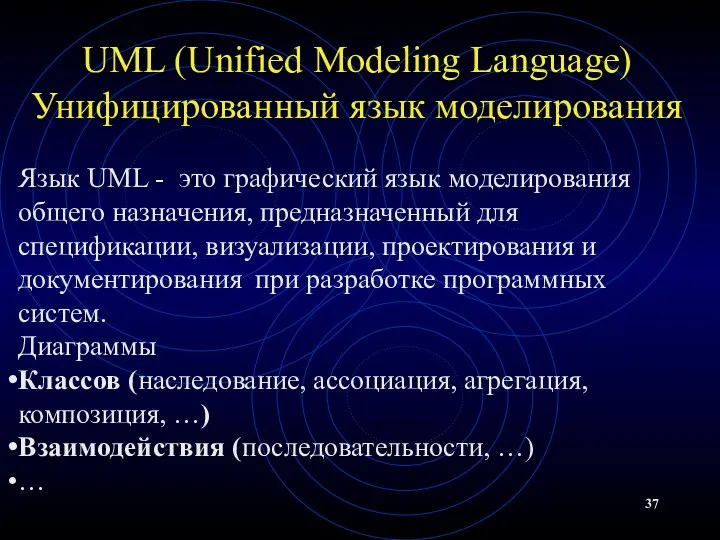 UML (Unified Modeling Language) Унифицированный язык моделирования Язык UML -