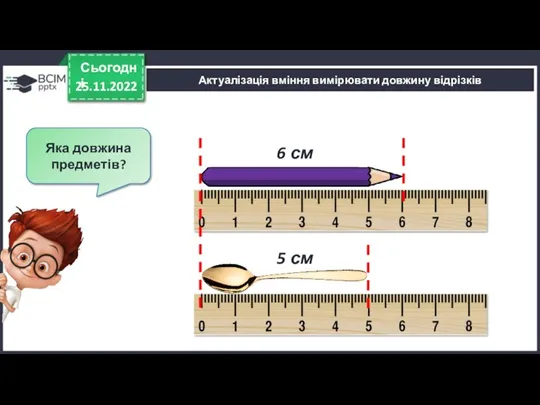 25.11.2022 Сьогодні Актуалізація вміння вимірювати довжину відрізків Яка довжина предметів? 6 см 5 см