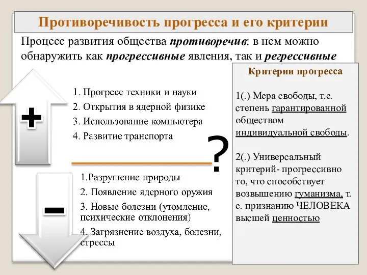 Противоречивость прогресса и его критерии Процесс развития общества противоречив: в