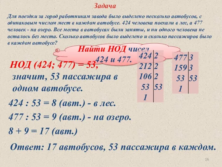 Задача Найти НОД чисел 424 и 477. НОД (424; 477)