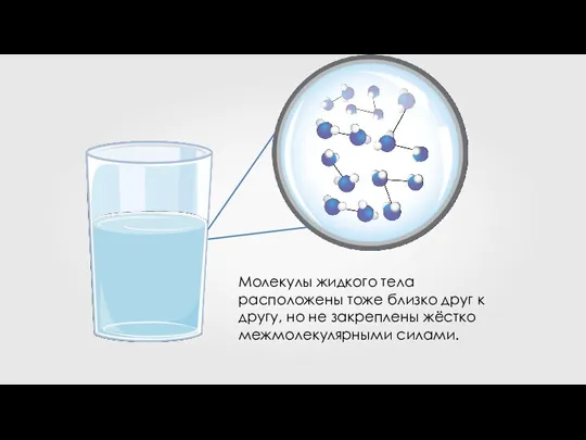 Молекулы жидкого тела расположены тоже близко друг к другу, но не закреплены жёстко межмолекулярными силами.