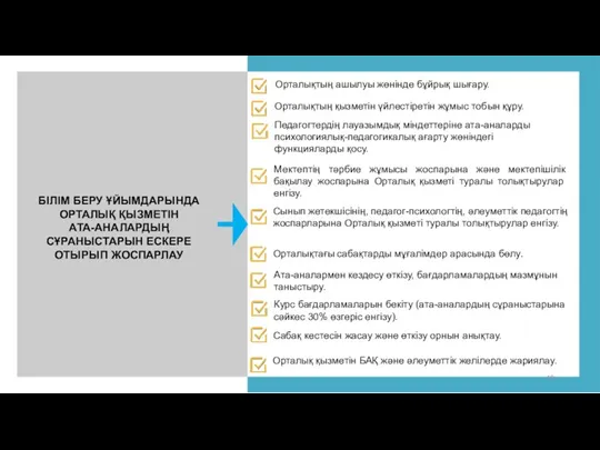 БІЛІМ БЕРУ ҰЙЫМДАРЫНДА ОРТАЛЫҚ ҚЫЗМЕТІН АТА-АНАЛАРДЫҢ СҰРАНЫСТАРЫН ЕСКЕРЕ ОТЫРЫП ЖОСПАРЛАУ