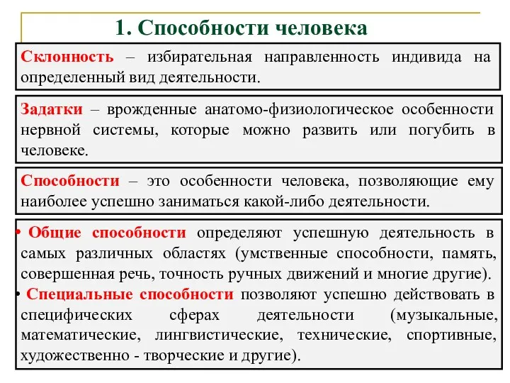 1. Способности человека Склонность – избирательная направленность индивида на определенный