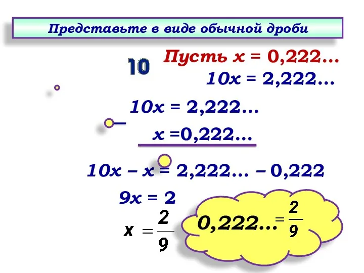 Пусть х = 0,222… 10х = 2,222… х =0,222… 10х