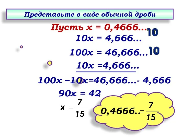 Пусть х = 0,4666… 10х = 4,666… 10х =4,666… 100х