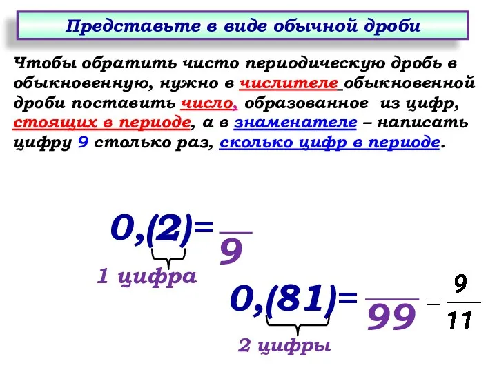 Чтобы обратить чисто периодическую дробь в обыкновенную, нужно в числителе