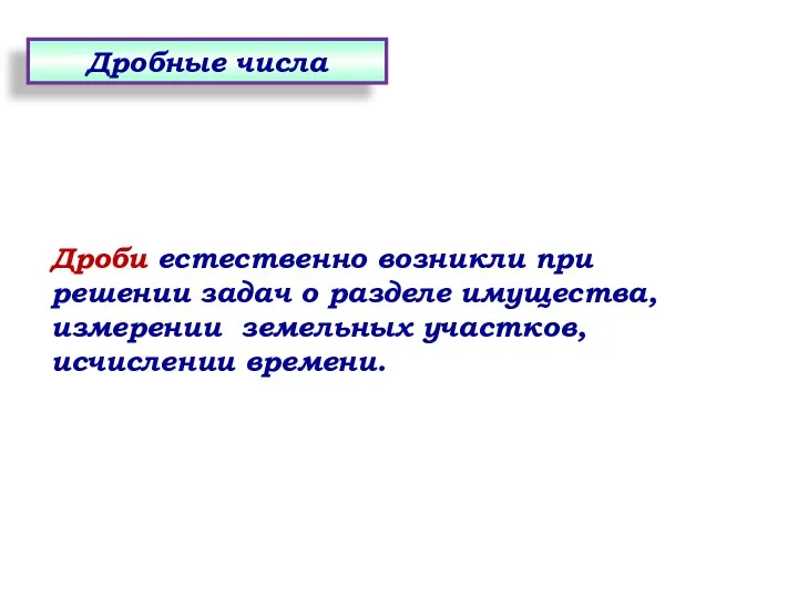 Дроби естественно возникли при решении задач о разделе имущества, измерении земельных участков, исчислении времени. Дробные числа