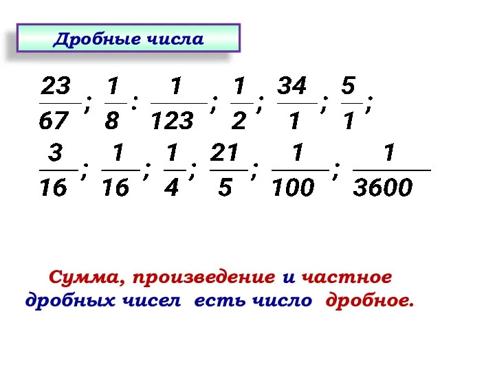 Сумма, произведение и частное дробных чисел есть число дробное. Дробные числа