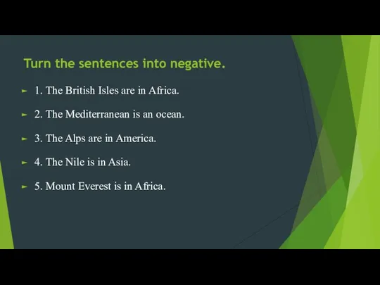 Turn the sentences into negative. 1. The British Isles are