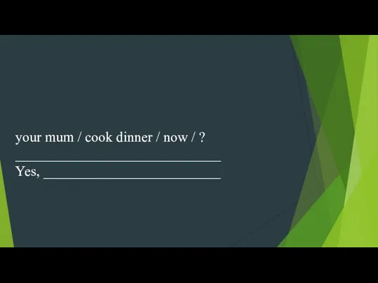 your mum / cook dinner / now / ? _____________________________ Yes, _________________________