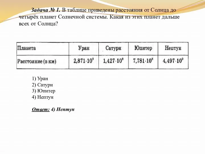 Задача № 1. В таблице приведены расстояния от Солнца до