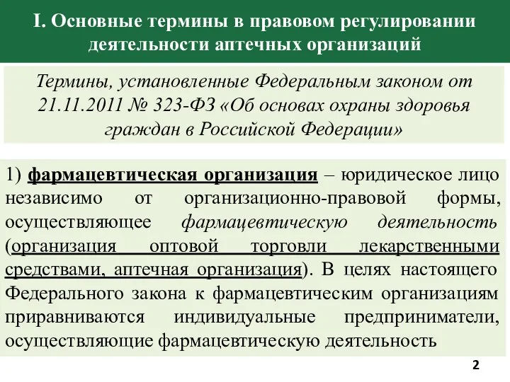 I. Основные термины в правовом регулировании деятельности аптечных организаций Термины,