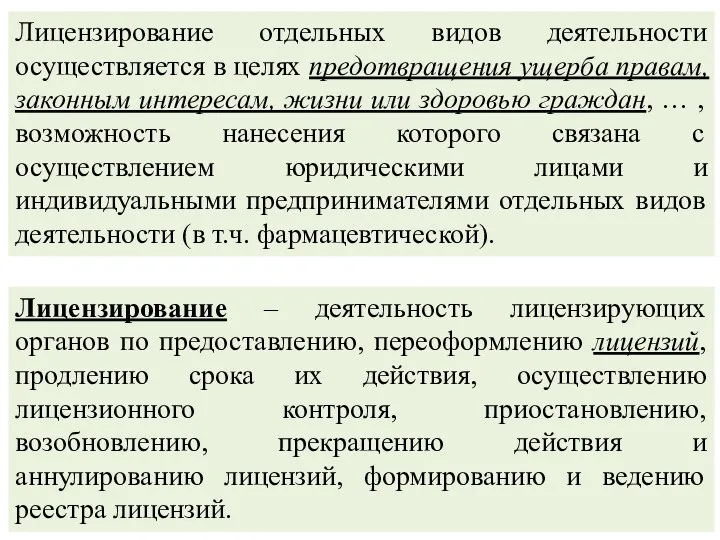 Лицензирование отдельных видов деятельности осуществляется в целях предотвращения ущерба правам,