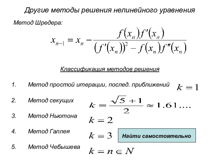 Другие методы решения нелинейного уравнения Метод Шредера: Классификация методов решения Метод простой итерации,