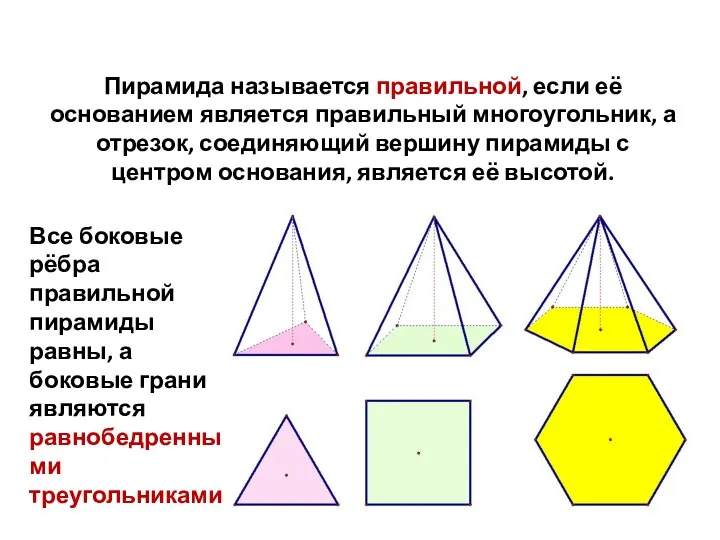 Пирамида называется правильной, если её основанием является правильный многоугольник, а отрезок, соединяющий вершину