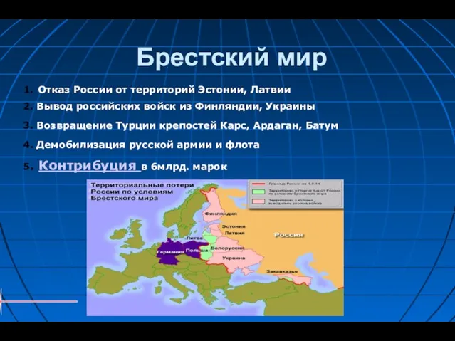 Брестский мир 1. Отказ России от территорий Эстонии, Латвии 2.