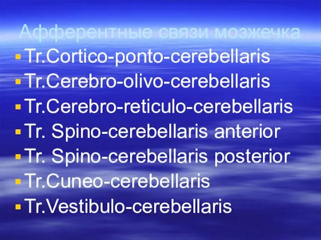 Tr.Cortico-ponto-cerebellaris Tr.Cerebro-olivo-cerebellaris Tr.Cerebro-reticulo-cerebellaris Tr. Spino-cerebellaris anterior Tr. Spino-cerebellaris posterior Tr.Cuneo-cerebellaris Tr.Vestibulo-cerebellaris Афферентные связи мозжечка