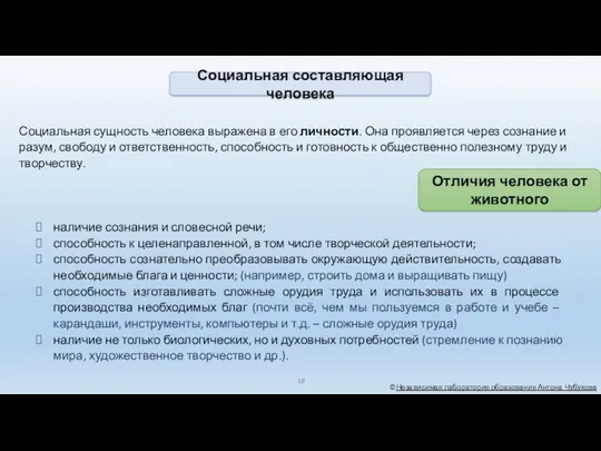 ©Независимая лаборатория образования Антона Чубукова наличие сознания и словесной речи; способность к целенаправленной,