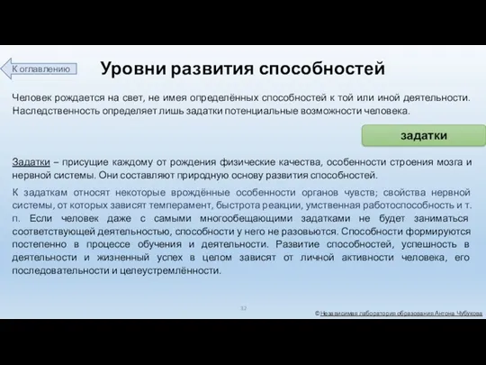 ©Независимая лаборатория образования Антона Чубукова Уровни развития способностей Человек рождается