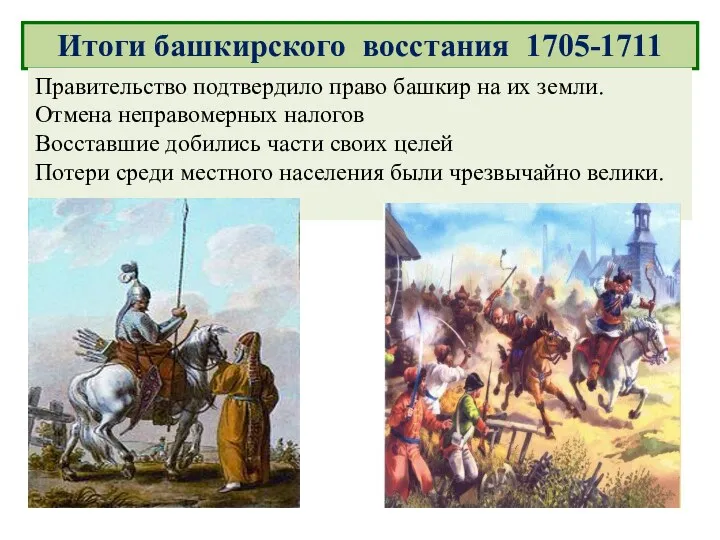Итоги башкирского восстания 1705-1711 Правительство подтвердило право башкир на их