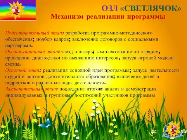 ОЗЛ «СВЕТЛЯЧОК» Механизм реализации программы Подготовительный этап: разработка программно-методического обеспечения; подбор кадров; заключение